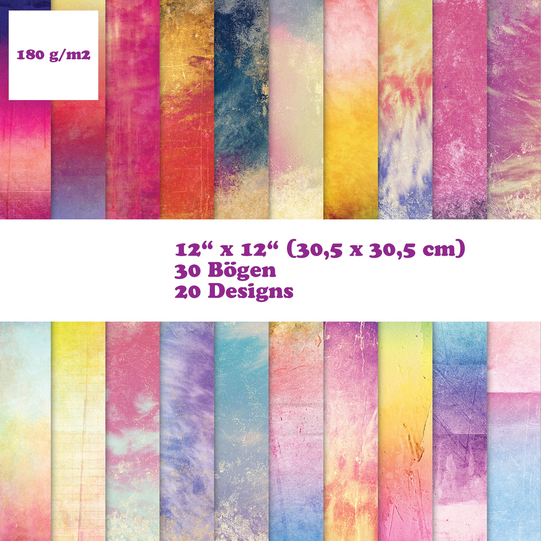 Crealive Premium Paper Pad 180 g/m2 - 12’’ x 12’’ - Retro Summer  Spezifikationen:  12’’ x 12’’ (30.5 cm x 30.5 cm) 180 g/m2 beidseitig bedruckt säure- und ligninfrei 20 Designs    Inhalt:  30 Bogen 20 Designs beidseitig bedruckt    Dieses Paper Pad / Designpapier ist geeignet für:  Karten Karten-Verzierungen Kuverts Geschenkboxen & Verpackungen Plotten Scrapbooking