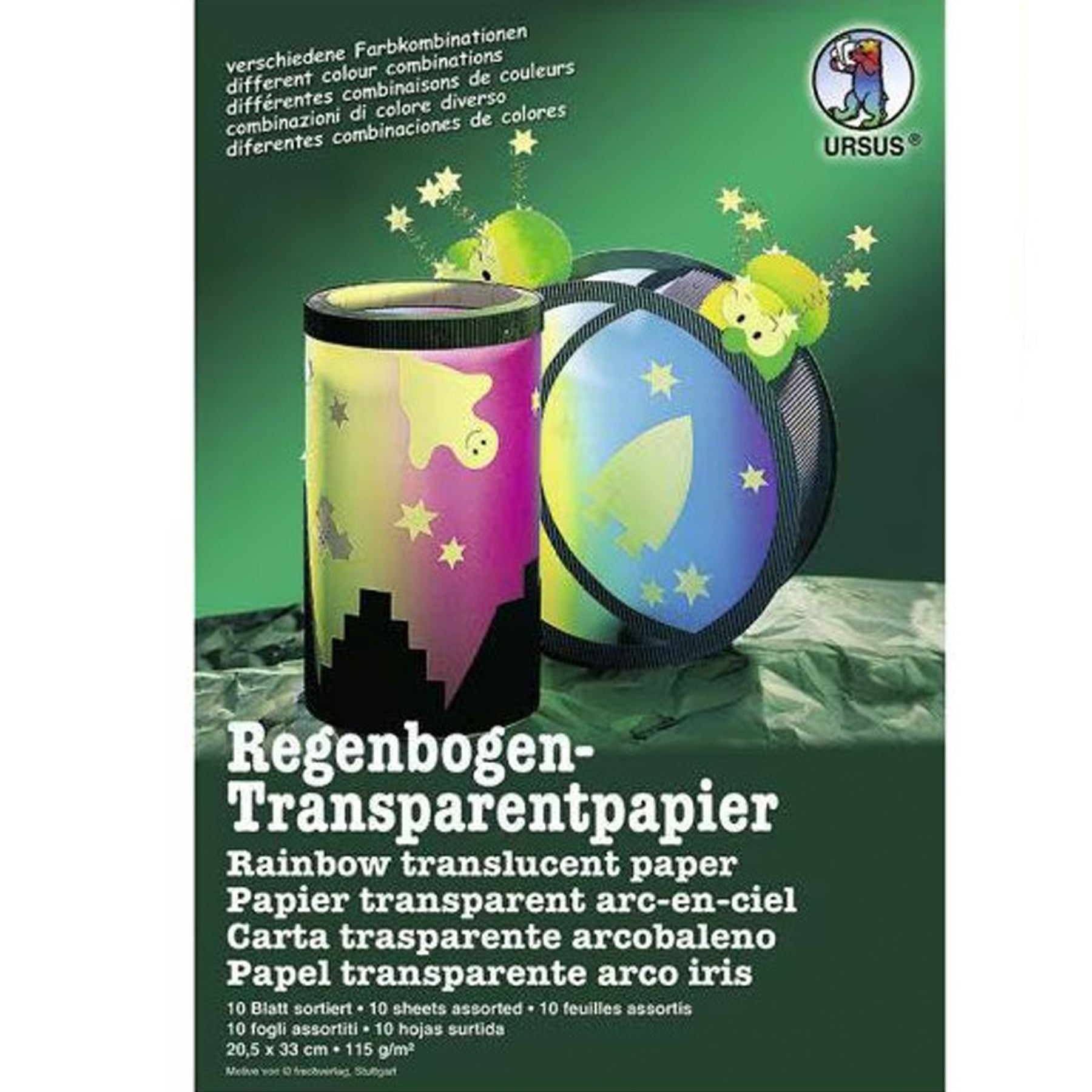Crealive Regenbogen Transparentpapier 115 g/m2 - 20.5 x 33 cm
 
Inhalt:
•	10 x Regenbogen Transparentpapier
 
Spezifikationen:
•	Format: 20.5 cm x 33 cm
•	Transparentpapier 115 g/m2
•	10 Blätter
•	10 Regenbogen Designs
 
Dieses besondere Regenbogen Transparentpapier kannst du für vielfältige Bastelkreationen verwenden. Ob Boxen-Deko, Karten-Details, Verpackungen, Laternen; dieses grandiose Design Transparentpapier ist immer ein echter Hingucker.
 
Design Transparentpapier & Papier ist geeignet für:
•	Karten