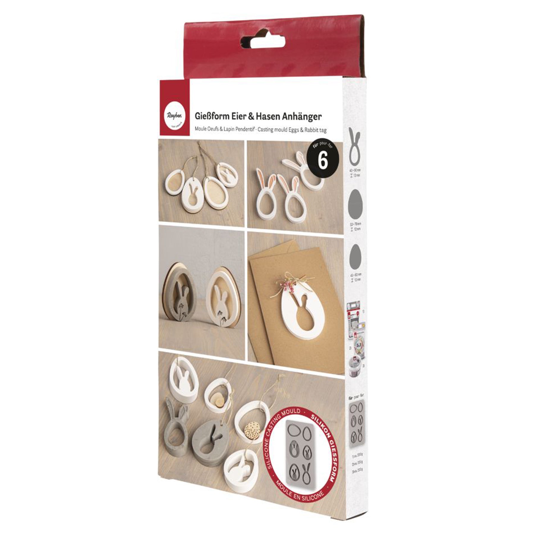 Crealive Giessform Silikon - Eier + Hasen Anhänger 

Diese Anhänger schmücken Zweige, Nester, Geschenke, Karten und vieles mehr. Mit dieser Silikon-Giessform gelingen dir österliche Dekorationen aus Kreativ-Beton, Raysin-Giesspulver, Wachs oder Giessharz.
 
Inhalt:
•	1 Giessform Silikon mit 6 Motiven
 
Spezifikationen:
•	Material: hochwertiges Silikon
•	Formgrösse: 14.5 x 26 cm
•	Motivgrössen:
o	Höhe 60 und 70 mm
o	Breite 45 und 53 mm
•	Tiefe: jeweils 12 mm
•	NICHT geeignet für Lebensmittel
•	äusserst elast