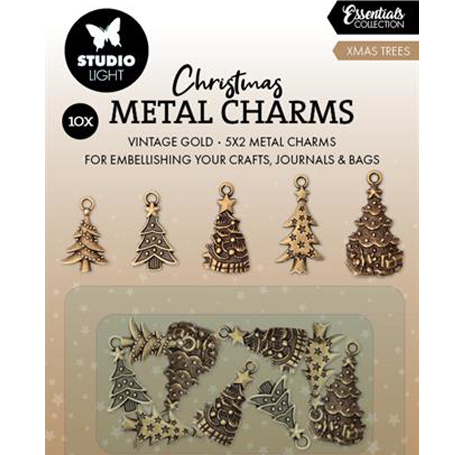 Crealive Christmas Metal Charms - Christmas Trees

Metall-Anhänger / Christmas Metal Charms - Christmas Trees
 
Inhalt:
•	10 leichte Metall-Anhänger / Metal Charms

Spezifikationen:
•	Material: leichtes Metall
•	5 x 2 Stück
•	Farbe: Vintage Gold
 
Die Metall-Anhänger / Metal Charms sind geeignet für:
•	Karten-Dekoration
•	an Bändern und Kordeln befestigen
•	als Anhänger-Tag auf Papieretiketten
•	3D Look auf Deinen Kreationen
•	für interaktive Karten
•	als Eyecatcher in Vintage Projekten
•	Journaling
•	Mixed