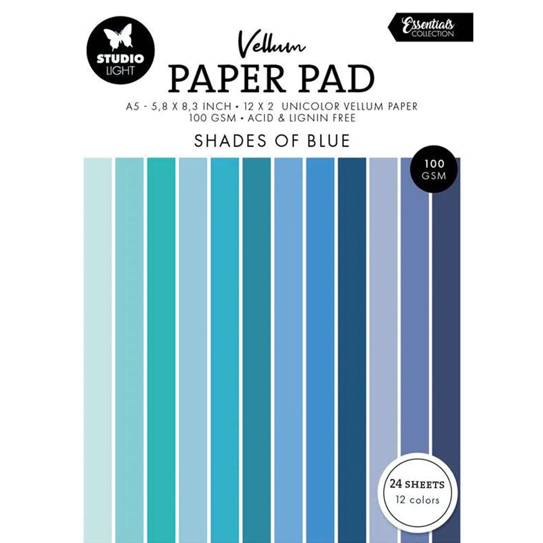 
Crealive Transparentpapier / Vellum 100 g/m2 - A5 - Shades of Blue

Inhalt:
•	24 Transparentpapiere
 
Spezifikationen:
•	A5 (14.8 cm x 21 cm)
•	100 g/m2
•	2 x 12 verschiedene Blautöne
•	milchig transparent
•	lignin- und säurefrei
 
Transparentpapier / Vellum ist geeignet für:
•	Verzierungen von Karten, Boxen, Geschenk-Verpackungen, Geschenktaschen, etc.
•	Scrapbooking
•	Mixed-Media
•	Journaling
•	DIY-Deko
•	Fenster-Dekorationen
•	Fenster bei Häuschen
•	Halbtransparentes Sichtfenster bei Boxen & Verpackunge