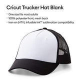 Crealive Cricut Trucker Cap (Trucker Hat) - Schwarz / Weiss   Inhalt:  3 Cricut Trucker Cap (Trucker Hat) Farbe: Schwarz / Weiss    Gestalte Dir Dein perfektes Cap. Die Vorderseite ist aus 100 % Polyester und die Rückseite aus Mesh und verleiht diesem Hutrohling Stil, Komfort und Kreativität in einem. Gestalte ihn mit leuchtenden Farben, auffälligen Bildern oder Deinem Lieblingsspruch. Erziele gleichbleibende, hochwertige Transferergebnisse mit Produkten zum Aufbügeln (HTV) und Infusible Ink Produkten.