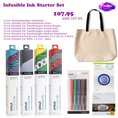 Crealive Infusible Ink Starter Set    Du möchtest Dich mal an Infusible Ink ran trauen und verschiedene Dinge testen? Dann ist dieses Starter Set genau das Richtige für Dich! Egal ob Du eine Zeichnung auf die Tasche aufbringen willst, ein grossflächiges Muster, einen Schriftzug oder Dir ein tolles Aluminiumschild gestalten möchtest; in diesem Set ist alles zu finden, was Du für den Start benötigst - abgesehen natürlich von den Geräten.    Hitzebeständiges Klebeband Einkaufstasche Gross Transferbogen 