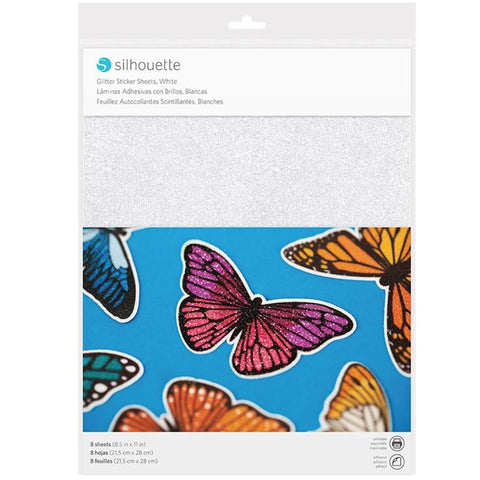 Crealive Silhouette Stickerpapier Glitzer Weiss  Inhalt:  8 Sheets    Spezifikationen:  Glitzer Stickerpapier zum Bedrucken Papierformat 21.5 cm x 28 cm Gewicht: 100 g/m2 Selbstklebend Farbe: Weiss Effekt: Glitzer Drucker: Inkjet / Laser