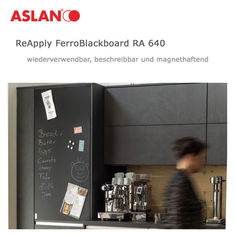 Crealive ASLAN Ferro Blackboard (RA 640)  Bei den Produkten der ASLAN ReApply-Serie handelt es sich um ASLAN Funktionsfolien, die mit einem revolutionären Haftsystem ausgestattet sind und auf glatten Oberflächen kinderleicht angebracht werden können. Die Oberseite der ReApply ist mit verschiedenen Varianten der bekannten ASLAN Memoboardfolien kombiniert.  Nach der Verwendung können die ASLAN ReApply Lösungen aufgerollt werden, um für die nächste Gelegenheit wieder zum Einsatz zu kommen.