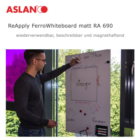 Crealive ASLAN 690 FERRO WHITEBOARD Folie Matt  Bei den Produkten der ASLAN ReApply-Serie handelt es sich um ASLAN Funktionsfolien, die mit einem revolutionären Haftsystem ausgestattet sind und auf glatten Oberflächen kinderleicht angebracht werden können. Die Oberseite der ReApply ist mit verschiedenen Varianten der bekannten ASLAN Memoboardfolien kombiniert.  Nach der Verwendung können die ASLAN ReApply Lösungen aufgerollt werden, um für die nächste Gelegenheit wieder zum Einsatz zu kommen.