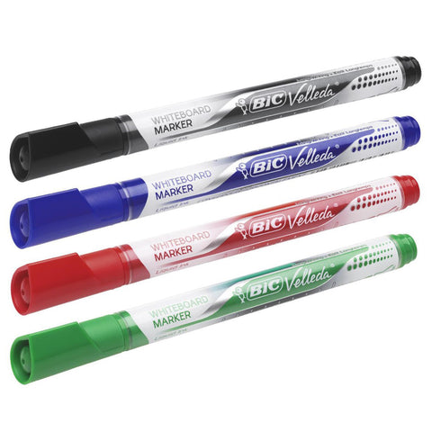 Crealive BIC Whiteboard-Marker Velleda - 4 Stück     Inhalt:  4 BIC Whiteboard-Marker    Spezifikationen:  Ovale Spitze Strichbreite: 1.4 mm Farben:  Grün, Rot, Blau & Schwarz trocken und leicht abwischbar auf deinem Whiteboard    Die Whiteboard Marker sind für folgende Oberflächen geeignet:  Whiteboard ASLAN Whiteboard Folie 