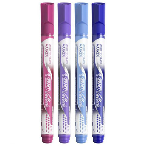 Crealive BIC Whiteboard-Marker Velleda - 4 Stück     Inhalt:  4 BIC Whiteboard-Marker    Spezifikationen:  Ovale Spitze Strichbreite: 2.2 mm Farben: Hellblau, Dunkelblau, Lila & Rosa trocken und leicht abwischbar auf deinem Whiteboard    Die Whiteboard Marker sind für folgende Oberflächen geeignet:  Whiteboard ASLAN Whiteboard Folie 