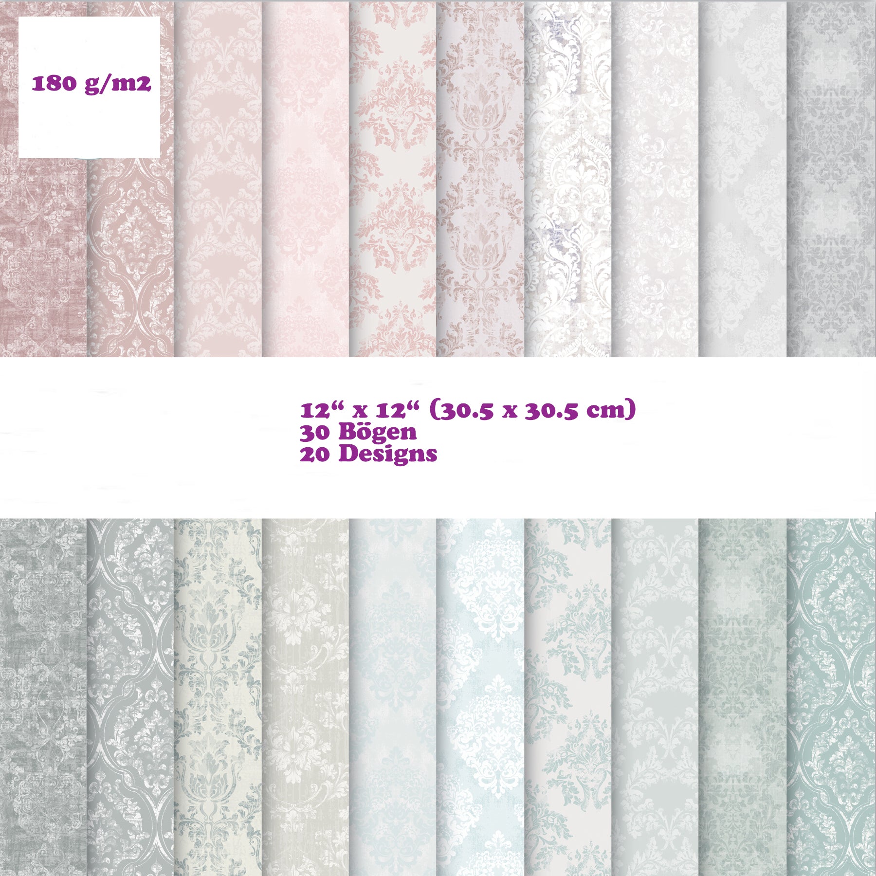 Premium Paper Pad 180 g/m2 - 12’’ x 12’’ - Baroque  Spezifikationen:  12’’ x 12’’ (30.5 cm x 30.5 cm) 180 g/m2 beidseitig bedruckt säure- und ligninfrei 20 Designs    Inhalt:  30 Bogen 20 Designs beidseitig bedruckt