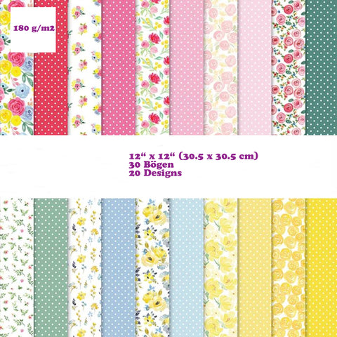 Crealive Premium Paper Pad 180 g/m2 - 12’’ x 12’’ - Bright Blooms  Spezifikationen:  12’’ x 12’’ (30.5 cm x 30.5 cm) 180 g/m2 beidseitig bedruckt säure- und ligninfrei 20 Designs    Inhalt:  30 Bogen 20 Designs beidseitig bedruckt    Dieses Paper Pad / Designpapier ist geeignet für:  Karten Karten-Verzierungen Kuverts Geschenkboxen & Verpackungen Plotten Scrapbooking