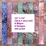 Crealive Paper Pad 200 g/m2 - 12’’ x 12’’ - Artistic Watercolour  Inhalt:  8 Blatt 8 Designs    Spezifikationen:  12’’ x 12’’ (30.5 cm x 30.5 cm) 200 g/m2 einseitig bedruckt säure- und ligninfrei    Dieses Paper Pad ist geeignet für:  Karten Boxen 3D-Projekte Geschenkboxen & Verpackungen Plotten Scrapbooking