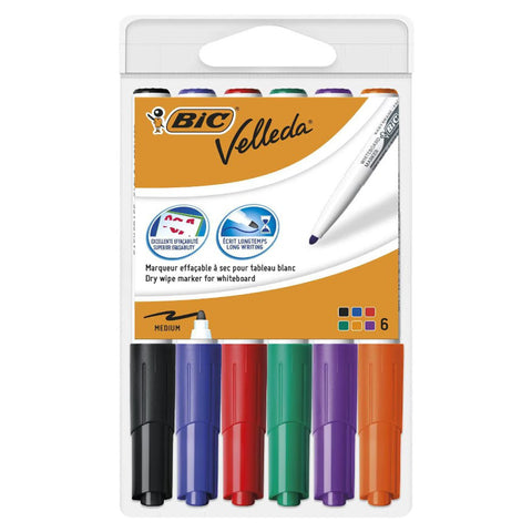 Crealive BIC Whiteboard-Marker Velleda - 6 Stück     Inhalt:  6 BIC Whiteboard-Marker    Spezifikationen:  Ovale Spitze Strichbreite: 1.4 mm Farben:  Grün, Rot, Blau, Schwarz, Orange & Violett trocken und leicht abwischbar auf deinem Whiteboard    Die Whiteboard Marker sind für folgende Oberflächen geeignet:  Whiteboard ASLAN Whiteboard Folie 