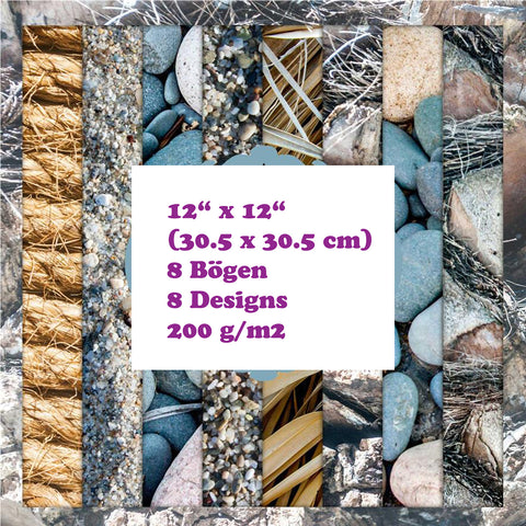 Crealive Paper Pad 200 g/m2 - 12’’ x 12’’ - Beach Stone  Inhalt:  8 Blatt 8 Designs    Spezifikationen:  12’’ x 12’’ (30.5 cm x 30.5 cm) 200 g/m2 einseitig bedruckt säure- und ligninfrei    Dieses Paper Pad ist geeignet für:  Karten Boxen 3D-Projekte Geschenkboxen & Verpackungen Plotten Scrapbooking