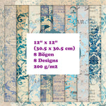 Crealive Paper Pad 200 g/m2 - 12’’ x 12’’ - Blue Ephemera     Inhalt:  8 Blatt 8 Designs    Spezifikationen:  12’’ x 12’’ (30.5 cm x 30.5 cm) 200 g/m2 einseitig bedruckt säure- und ligninfrei    Dieses Paper Pad ist geeignet für:  Karten Boxen 3D-Projekte Geschenkboxen & Verpackungen Plotten Scrapbooking