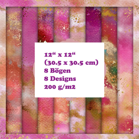 Crealive Paper Pad 200 g/m2 - 12’’ x 12’’ - Blush Watercolour     Inhalt:  8 Blatt 8 Designs   Spezifikationen:  12’’ x 12’’ (30.5 cm x 30.5 cm) 200 g/m2 einseitig bedruckt säure- und ligninfrei    Dieses Paper Pad ist geeignet für:  Karten Boxen 3D-Projekte Geschenkboxen & Verpackungen Plotten Scrapbooking