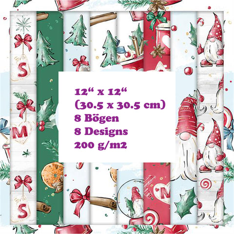 Crealive Paper Pad 200 g/m2 - 12’’ x 12’’ - Christmas Gnome  Inhalt:  8 Blatt 8 Designs    Spezifikationen:  12’’ x 12’’ (30.5 cm x 30.5 cm) 200 g/m2 einseitig bedruckt säure- und ligninfrei    Dieses Paper Pad ist geeignet für:  Karten Boxen 3D-Projekte Geschenkboxen & Verpackungen Plotten Scrapbooking    Dieses einseitig bedruckte Designpapier mit weihnachtlichen Motiven & Gnomen ist eine witzige Basis für kreative, spezielle, individuelle Karten, Plotts,