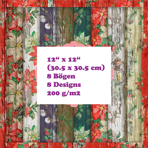 Crealive Paper Pad 200 g/m2 - 12’’ x 12’’ - Christmas Wood  Inhalt:  8 Blatt 8 Designs     Spezifikationen:  12’’ x 12’’ (30.5 cm x 30.5 cm) 200 g/m2 einseitig bedruckt säure- und ligninfrei    Dieses Paper Pad ist geeignet für:  Karten Boxen 3D-Projekte Geschenkboxen & Verpackungen Plotten Scrapbooking