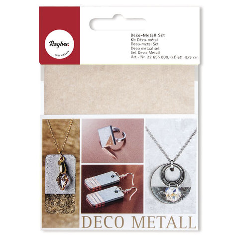 Crealive Deco Metall Set     Inhalt:  6 Blatt Deco Metall   Spezifikationen:  Deco Metall Blätter Farben: Kupfer, Gold & Silber Grösse: 9 x 9 cm    Deco Metall ist geeignet für:  Beton Holz Pappmaché Glas Metall und vieles mehr