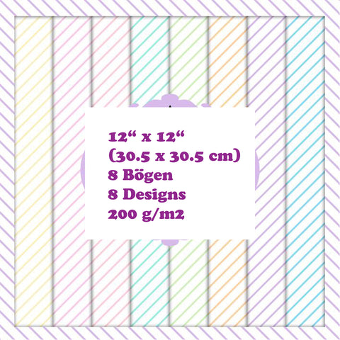 Crealive Paper Pad 200 g/m2 - 12’’ x 12’’ - Diagonal Stripes  Inhalt:  8 Blatt 8 Designs    Spezifikationen:  12’’ x 12’’ (30.5 cm x 30.5 cm) 200 g/m2 einseitig bedruckt säure- und ligninfrei    Dieses Paper Pad ist geeignet für:  Karten Boxen 3D-Projekte Geschenkboxen & Verpackungen Plotten Scrapbooking