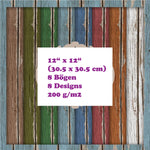 Crealive Paper Pad 200 g/m2 - 12’’ x 12’’ - Distressed Wood     Inhalt:  8 Blatt 8 Designs     Spezifikationen:  12’’ x 12’’ (30.5 cm x 30.5 cm) 200 g/m2 einseitig bedruckt säure- und ligninfrei    Dieses Paper Pad ist geeignet für:  Karten Boxen 3D-Projekte Geschenkboxen & Verpackungen Plotten Scrapbooking