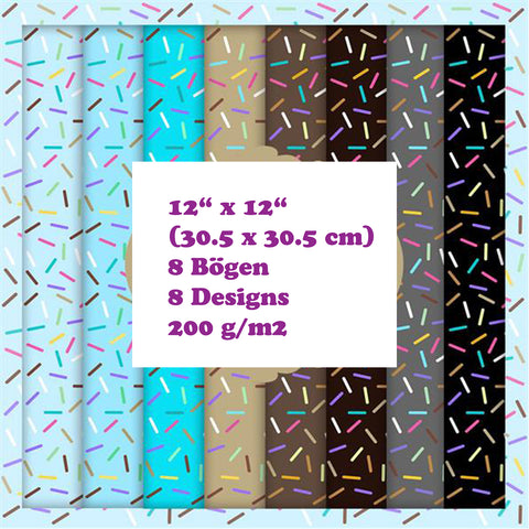 Crealive Paper Pad 200 g/m2 - 12’’ x 12’’ - Donut Sprinkle  Inhalt:  8 Blatt 8 Designs    Spezifikationen:  12’’ x 12’’ (30.5 cm x 30.5 cm) 200 g/m2 einseitig bedruckt säure- und ligninfrei    Dieses Paper Pad ist geeignet für:  Karten Boxen 3D-Projekte Geschenkboxen & Verpackungen Plotten Scrapbooking