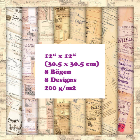 Crealive Paper Pad 200 g/m2 - 12’’ x 12’’ - Ephemera Labels  Inhalt:  8 Blatt 8 Designs    Spezifikationen:  12’’ x 12’’ (30.5 cm x 30.5 cm) 200 g/m2 einseitig bedruckt säure- und ligninfrei    Dieses Paper Pad ist geeignet für:  Karten Boxen 3D-Projekte Geschenkboxen & Verpackungen Plotten Scrapbooking