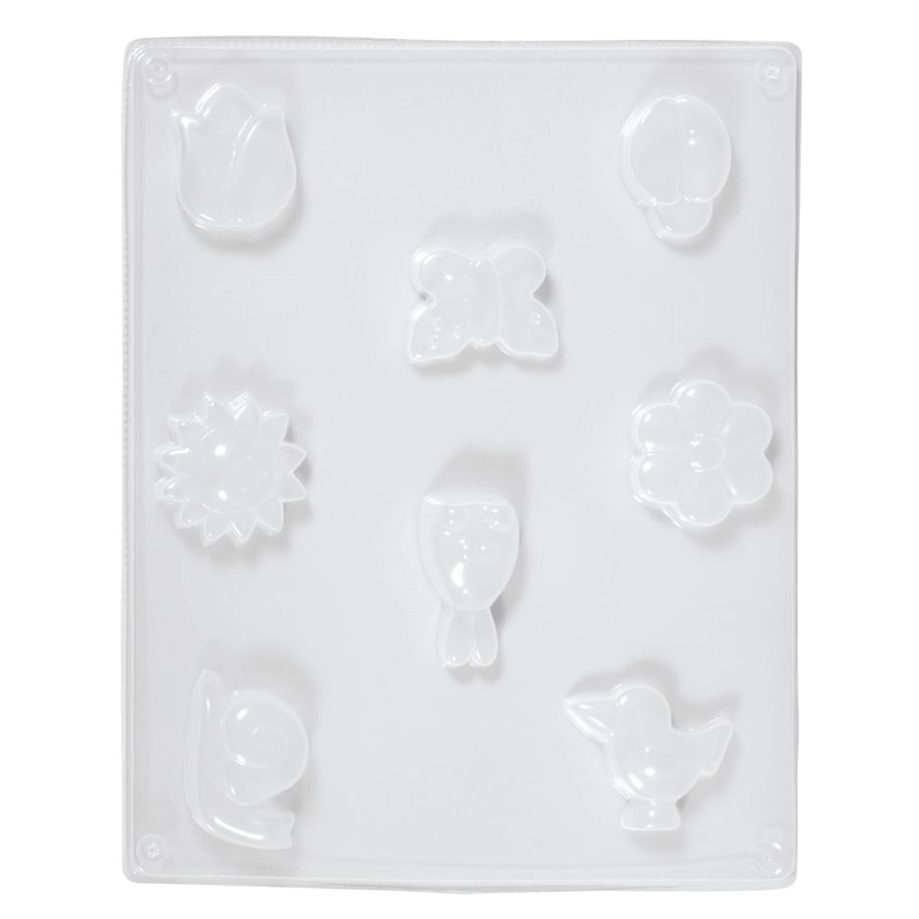 Crealive Giessform - Frühlingsmotive     Inhalt:  1 Giessform mit 8 Frühlingsmotiven    Spezifikationen:  Material: LDPE Motivgrössen: 3 - 5 cm Grösse: 23.2 x 18.3 cm lebensmittelecht besonders elastisch frost- und hitzebeständig mehrfach verwendbar kann auch für Kreativ-Beton, Kreativ-Seife oder Schokolade verwendet werden hitzebeständig bis ca. 60° C