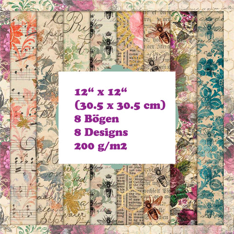 Crealive Paper Pad 200 g/m2 - 12’’ x 12’’ - Honeybee Ephemera  Inhalt:  8 Blatt 8 Designs    Spezifikationen:  12’’ x 12’’ (30.5 cm x 30.5 cm) 200 g/m2 einseitig bedruckt säure- und ligninfrei    Dieses Paper Pad ist geeignet für:  Karten Boxen 3D-Projekte Geschenkboxen & Verpackungen Plotten Scrapbooking