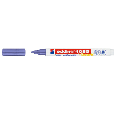 Crealive edding Kreidemarker - Violett Metallic     Inhalt:  1 Kreidemarker    Spezifikationen:  Rundspitze 1-2 mm Farbe:  Violett Metallic nicht-permanent die deckende, geruchsneutrale Flüssigkreide auf Wasserbasis kann von fast allen geschlossenen Oberflächen mit einem feuchten Tuch abgewischt werden schütteln und pumpen Tinte auf Wasserbasis