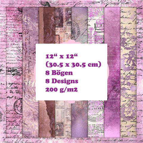 Crealive Paper Pad 200 g/m2 - 12’’ x 12’’ - Lavender Ephemera  Inhalt:  8 Blatt 8 Designs    Spezifikationen:  12’’ x 12’’ (30.5 cm x 30.5 cm) 200 g/m2 einseitig bedruckt säure- und ligninfrei    Dieses Paper Pad ist geeignet für:  Karten Boxen 3D-Projekte Geschenkboxen & Verpackungen Plotten Scrapbooking