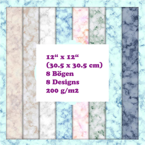 Crealive Paper Pad 200 g/m2 - 12’’ x 12’’ - Marble Mix  Inhalt:  8 Blatt 8 Designs    Spezifikationen:  12’’ x 12’’ (30.5 cm x 30.5 cm) 200 g/m2 einseitig bedruckt säure- und ligninfrei    Dieses Paper Pad ist geeignet für:  Karten Boxen 3D-Projekte Geschenkboxen & Verpackungen Plotten Scrapbooking