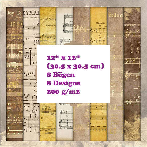 Crealive Paper Pad 200 g/m2 - 12’’ x 12’’ - Music Papers     Inhalt:  8 Blatt 8 Designs    Spezifikationen:  12’’ x 12’’ (30.5 cm x 30.5 cm) 200 g/m2 einseitig bedruckt Farben: Beigetöne-Brauntöne säure- und ligninfrei    Dieses Paper Pad ist geeignet für:  Karten Boxen 3D-Projekte Geschenkboxen & Verpackungen Plotten Scrapbooking