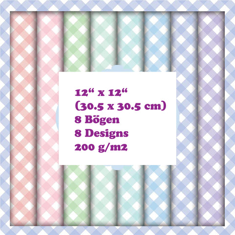 Crealive Paper Pad 200 g/m2 - 12’’ x 12’’ - Pastel Gingham  Inhalt:  8 Blatt 8 Designs    Spezifikationen:  12’’ x 12’’ (30.5 cm x 30.5 cm) 200 g/m2 einseitig bedruckt säure- und ligninfrei    Dieses Paper Pad ist geeignet für:  Karten Boxen 3D-Projekte Geschenkboxen & Verpackungen Plotten Scrapbooking