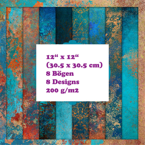 Crealive Paper Pad 200 g/m2 - 12’’ x 12’’ - Patina     Inhalt:  8 Blatt 8 Designs    Spezifikationen:  12’’ x 12’’ (30.5 cm x 30.5 cm) 200 g/m2 einseitig bedruckt säure- und ligninfrei    Dieses Paper Pad ist geeignet für:  Karten Boxen 3D-Projekte Geschenkboxen & Verpackungen Plotten Scrapbooking