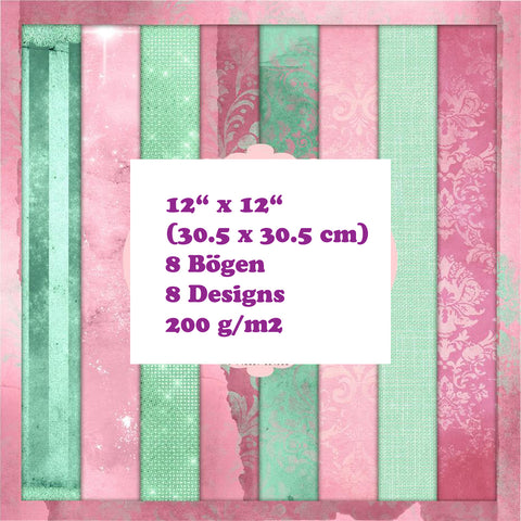 Crealive Paper Pad 200 g/m2 - 12’’ x 12’’ - Pink and Mint  Inhalt:  8 Blatt 8 Designs    Spezifikationen:  12’’ x 12’’ (30.5 cm x 30.5 cm) 200 g/m2 einseitig bedruckt säure- und ligninfrei    Dieses Paper Pad ist geeignet für:  Karten Boxen 3D-Projekte Geschenkboxen & Verpackungen Plotten Scrapbooking