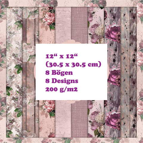 Crealive Paper Pad 200 g/m2 - 12’’ x 12’’ - Pink Shabby Chic     Inhalt:  8 Blatt 8 Designs    Spezifikationen:  12’’ x 12’’ (30.5 cm x 30.5 cm) 200 g/m2 einseitig bedruckt säure- und ligninfrei    Dieses Paper Pad ist geeignet für:  Karten Boxen 3D-Projekte Geschenkboxen & Verpackungen Plotten Scrapbooking