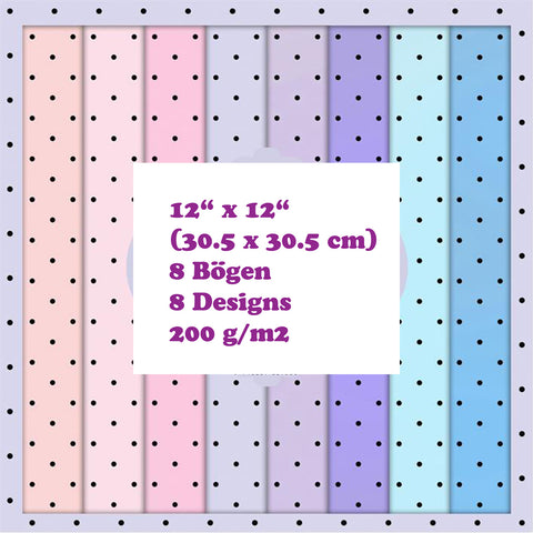 Crealive Paper Pad 200 g/m2 - 12’’ x 12’’ - Polka Dots 1  Inhalt:  8 Blatt 8 Designs    Spezifikationen:  12’’ x 12’’ (30.5 cm x 30.5 cm) 200 g/m2 einseitig bedruckt säure- und ligninfrei    Dieses Paper Pad ist geeignet für:  Karten Boxen 3D-Projekte Geschenkboxen & Verpackungen Plotten Scrapbooking