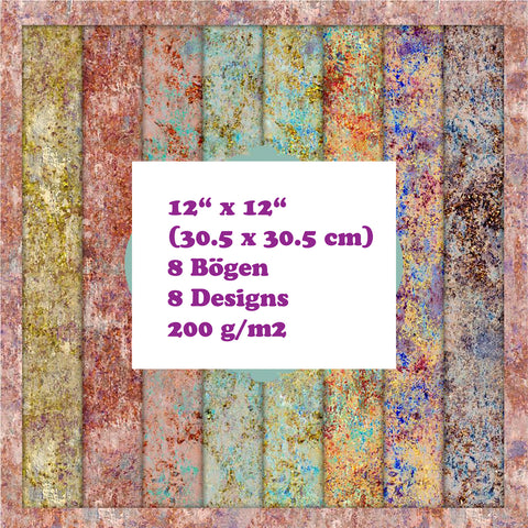 Crealive Paper Pad 200 g/m2 - 12’’ x 12’’ - Rustic Textured  Inhalt:  8 Blatt 8 Designs    Spezifikationen:  12’’ x 12’’ (30.5 cm x 30.5 cm) 200 g/m2 einseitig bedruckt säure- und ligninfrei    Dieses Paper Pad ist geeignet für:  Karten Boxen 3D-Projekte Geschenkboxen & Verpackungen Plotten Scrapbooking