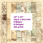 Crealive Paper Pad 200 g/m2 - 12’’ x 12’’ - Sepia Ephemera  Inhalt:  8 Blatt 8 Designs    Spezifikationen:  12’’ x 12’’ (30.5 cm x 30.5 cm) 200 g/m2 einseitig bedruckt säure- und ligninfrei    Dieses Paper Pad ist geeignet für:  Karten Boxen 3D-Projekte Geschenkboxen & Verpackungen Plotten Scrapbooking