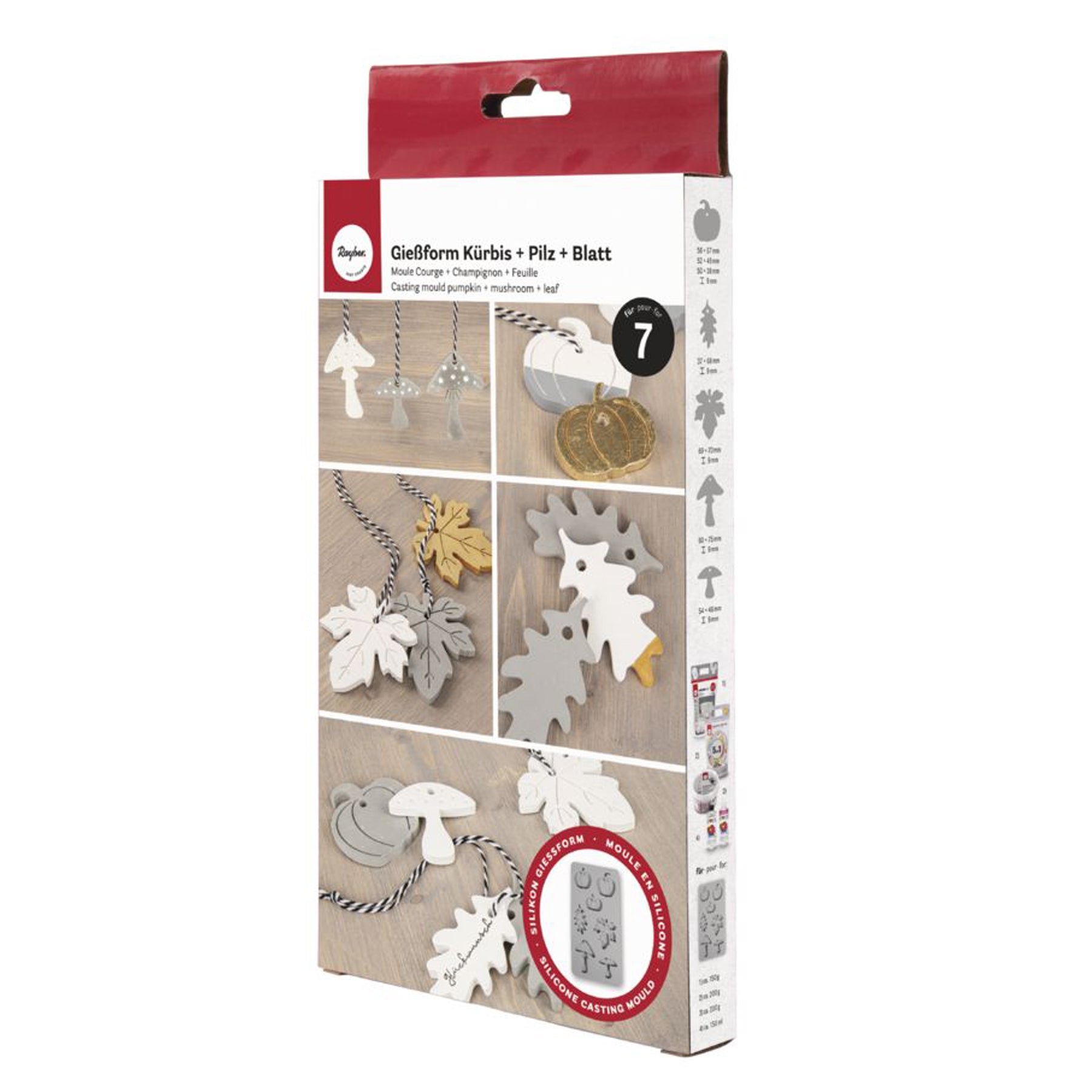 Crealive Silikon Giessform - Kürbis, Pilz & Blatt     Inhalt:  1 Giessform mit 7 Kürbis, Pilz & Blatt Motiven    Spezifikationen:  Material: hochwertiges Silikon Formgrösse: 14.5 x 26 cm Motivgrössen: Kürbis gross: 56 x 57 mm Kürbis mittel: 52 x 49 mm Kürbis klein: 50 x 38 mm Blatt Eichel: 37 x 68 mm Blatt Ahorn: 69 x 70 mm Pilz gross: 60 x 75 mm Pilz klein: 54 x 46 mm maximale Höhe 9 mm NICHT geeignet für Lebensmittel äusserst elastisch formstabil frost- und hitzebeständig (-40° bis +240°