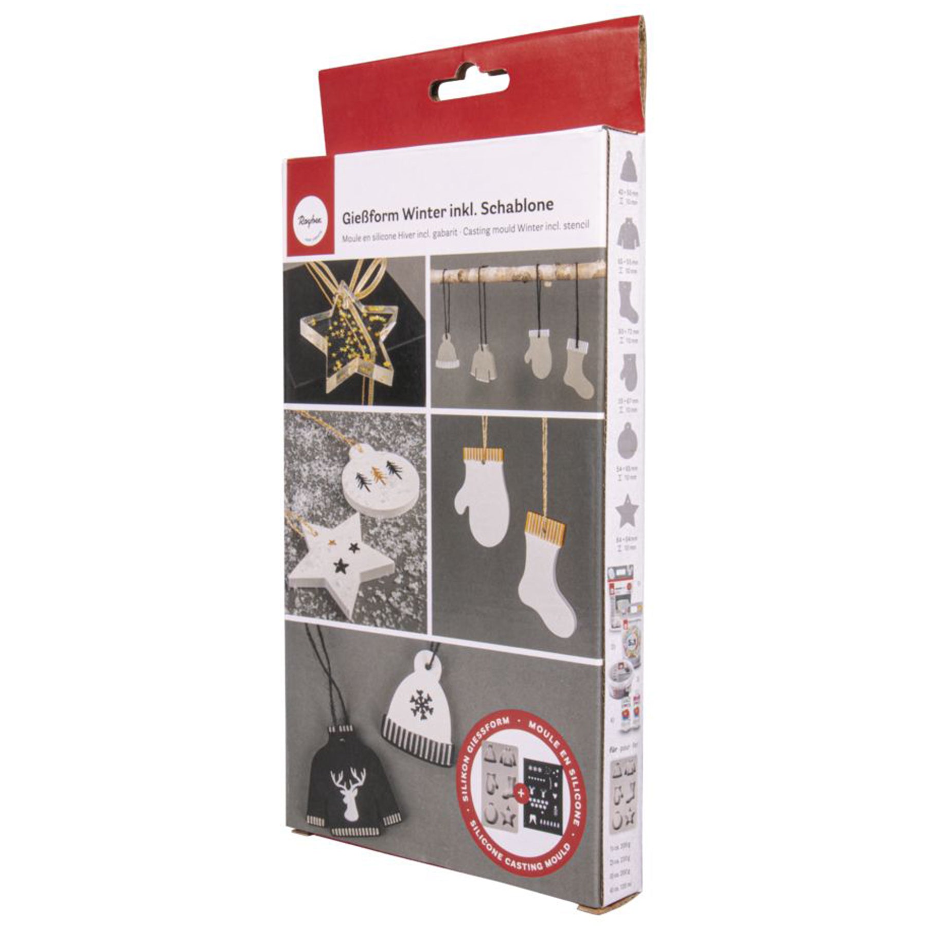 Crealive Silikon Giessform + Schablone A5 - Winter      Inhalt:  1 Giessform mit 6 Motiven 1 Schablone mit diversen Motiven    Spezifikationen:  Material: hochwertiges Silikon Kunststoff-Schablone DIN A5, 14,8 x 21 cm Silikon Formgrösse: 14 x 26 cm Motivgrössen: Stern 64 x 64 mm Socke 50 x 72 mm Handschuh 35 x 67 mm Pullover 65 x 55 mm Mütze 42 x 55 mm Weihnachtskugel 54 x 65 mm Höhe 10 mm NICHT geeignet für Lebensmittel äusserst elastisch formstabil