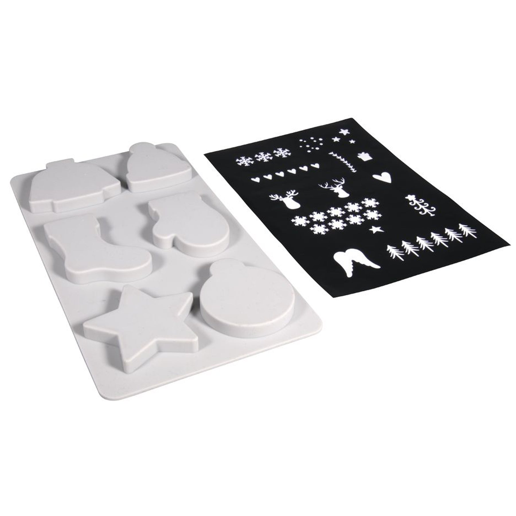 Crealive Silikon Giessform + Schablone A5 - Winter      Inhalt:  1 Giessform mit 6 Motiven 1 Schablone mit diversen Motiven    Spezifikationen:  Material: hochwertiges Silikon Kunststoff-Schablone DIN A5, 14,8 x 21 cm Silikon Formgrösse: 14 x 26 cm Motivgrössen: Stern 64 x 64 mm Socke 50 x 72 mm Handschuh 35 x 67 mm Pullover 65 x 55 mm Mütze 42 x 55 mm Weihnachtskugel 54 x 65 mm Höhe 10 mm NICHT geeignet für Lebensmittel äusserst elastisch formstabil