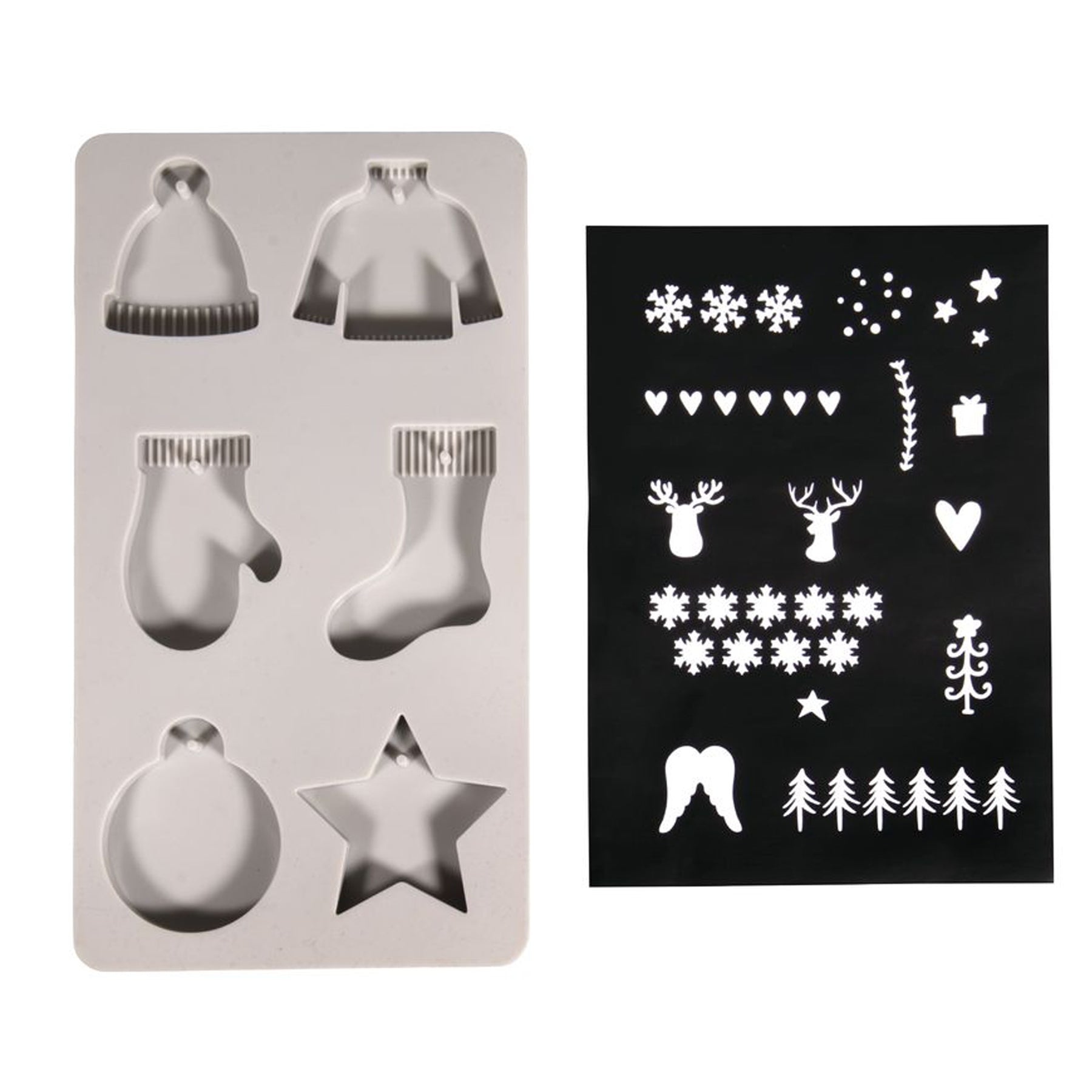 Crealive Silikon Giessform + Schablone A5 - Winter      Inhalt:  1 Giessform mit 6 Motiven 1 Schablone mit diversen Motiven    Spezifikationen:  Material: hochwertiges Silikon Kunststoff-Schablone DIN A5, 14,8 x 21 cm Silikon Formgrösse: 14 x 26 cm Motivgrössen: Stern 64 x 64 mm Socke 50 x 72 mm Handschuh 35 x 67 mm Pullover 65 x 55 mm Mütze 42 x 55 mm Weihnachtskugel 54 x 65 mm Höhe 10 mm NICHT geeignet für Lebensmittel äusserst elastisch formstabil