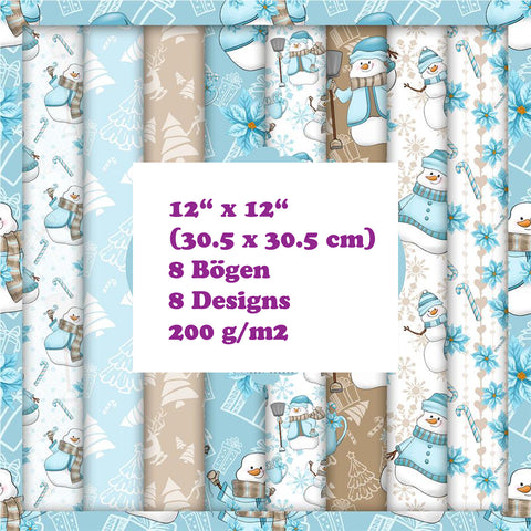 Crealive Paper Pad 200 g/m2 - 12’’ x 12’’ - Snowmen  Inhalt:  8 Blatt 8 Designs    Spezifikationen:  12’’ x 12’’ (30.5 cm x 30.5 cm) 200 g/m2 einseitig bedruckt säure- und ligninfrei    Dieses Paper Pad ist geeignet für:  Karten Boxen 3D-Projekte Geschenkboxen & Verpackungen Plotten Scrapbooking