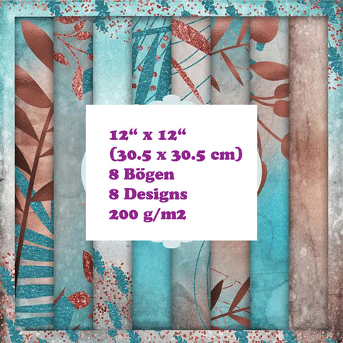 Crealive Paper Pad 200 g/m2 - 12’’ x 12’’ - Turquoise Tropical Leaves  Inhalt:  8 Blatt 8 Designs    Spezifikationen:  12’’ x 12’’ (30.5 cm x 30.5 cm) 200 g/m2 einseitig bedruckt säure- und ligninfrei    Dieses Paper Pad ist geeignet für:  Karten Boxen 3D-Projekte Geschenkboxen & Verpackungen Plotten Scrapbooking