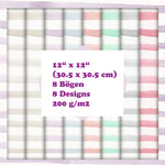 Crealive Paper Pad 200 g/m2 - 12’’ x 12’’ - Watercolor Stripes  Inhalt:  8 Blatt 8 Designs    Spezifikationen:  12’’ x 12’’ (30.5 cm x 30.5 cm) 200 g/m2 einseitig bedruckt säure- und ligninfrei    Dieses Paper Pad ist geeignet für:  Karten Boxen 3D-Projekte Geschenkboxen & Verpackungen Plotten Scrapbooking