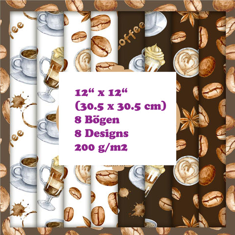Crealive Paper Pad 200 g/m2 - 12’’ x 12’’ - Watercolor Coffee  Inhalt:  8 Blatt 8 Designs    Spezifikationen:  12’’ x 12’’ (30.5 cm x 30.5 cm) 200 g/m2 einseitig bedruckt säure- und ligninfrei    Dieses Paper Pad ist geeignet für:  Karten Boxen 3D-Projekte Geschenkboxen & Verpackungen Plotten Scrapbooking