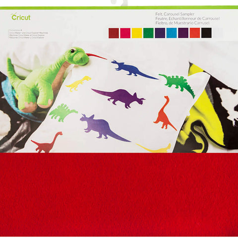 Crealive Cricut Filz / Felt - Carousel  Inhalt:  10 Filzplatten    Spezifikationen:  12’’ x 12’’ (30.5 cm x 30.5 cm) Dicke: 1 mm Farben: Rot, Pink, Gelb, Grün, Blau, Türkis, Violett, Orange, Schwarz & Weiss    Cricut Filz ist geeignet für:  Dekorationen Basteln mit Kinder Babyspielzeug Applikationen ausgestopfte Formen modische Akzente Schlüsselanhänger 