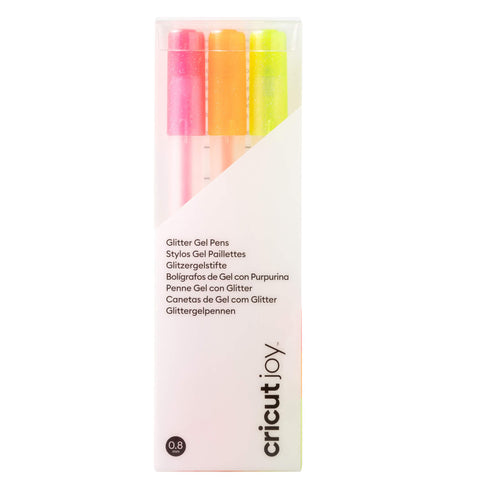 Crealive Cricut Joy Glitzer Gel Zeichenstifte 0.8 - Neonfarben / Glitter Gel Pen Set     Inhalt:  3 Glitzer Gel Stifte    Spezifikationen:  0.8 (mittlere Spitze) Farben:  Neonpink, Neonorange, Neongelb wasserbasiert säurefrei ungiftig entspricht ASTM D-4236    Anleitung:  Design auswählen Stift in die Halterung Loslegen    Kompatible Geräte:  für Cricut Joy