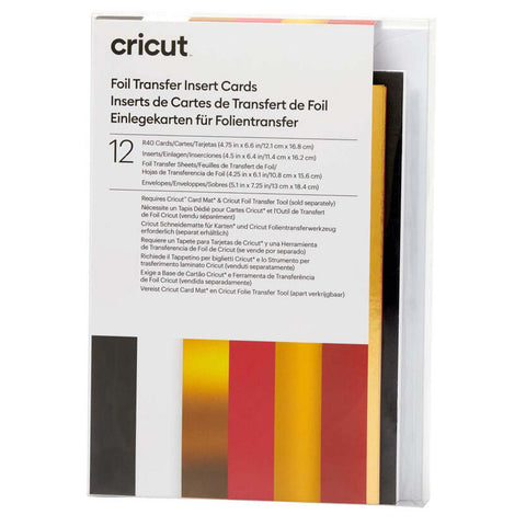 Crealive Cricut Einlegekarten R40 - 12 Stück - Royal Flush mit Foil Transfer  Inhalt:  12 Karten im Format 4.75" x 6.6" (12.1 cm x 16.8 cm) (zusammengeklappt) / Kartenfarben: 6 Schwarz und 6 Weiss 12 Einlagen im Format 4.5" x 6.4" (11.4 cm x 16.2 cm) / Einlagefarben: 6 Gold-Metallic & 6 gebranntes Rot 12 Transferfolien im Format 4.25" x 6.1" (10.8 cm x 15.6 cm): 6 Gold & 6 Rot 12 Umschläge in 5.1" x 7.25" (13.0 cm x 18.4 cm) / Farbe: Weiss    Cricut Einlegekarten sind geeignet für:  Karten Einladungen
